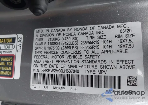 2020 Honda Cr-V Awd Touring из США, поврежденный, VIN 2HKRW2H90LH637840